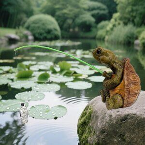 2.4In Cute Resin Fishing Turtle Water Feature Decorations for Backyard Ponds
